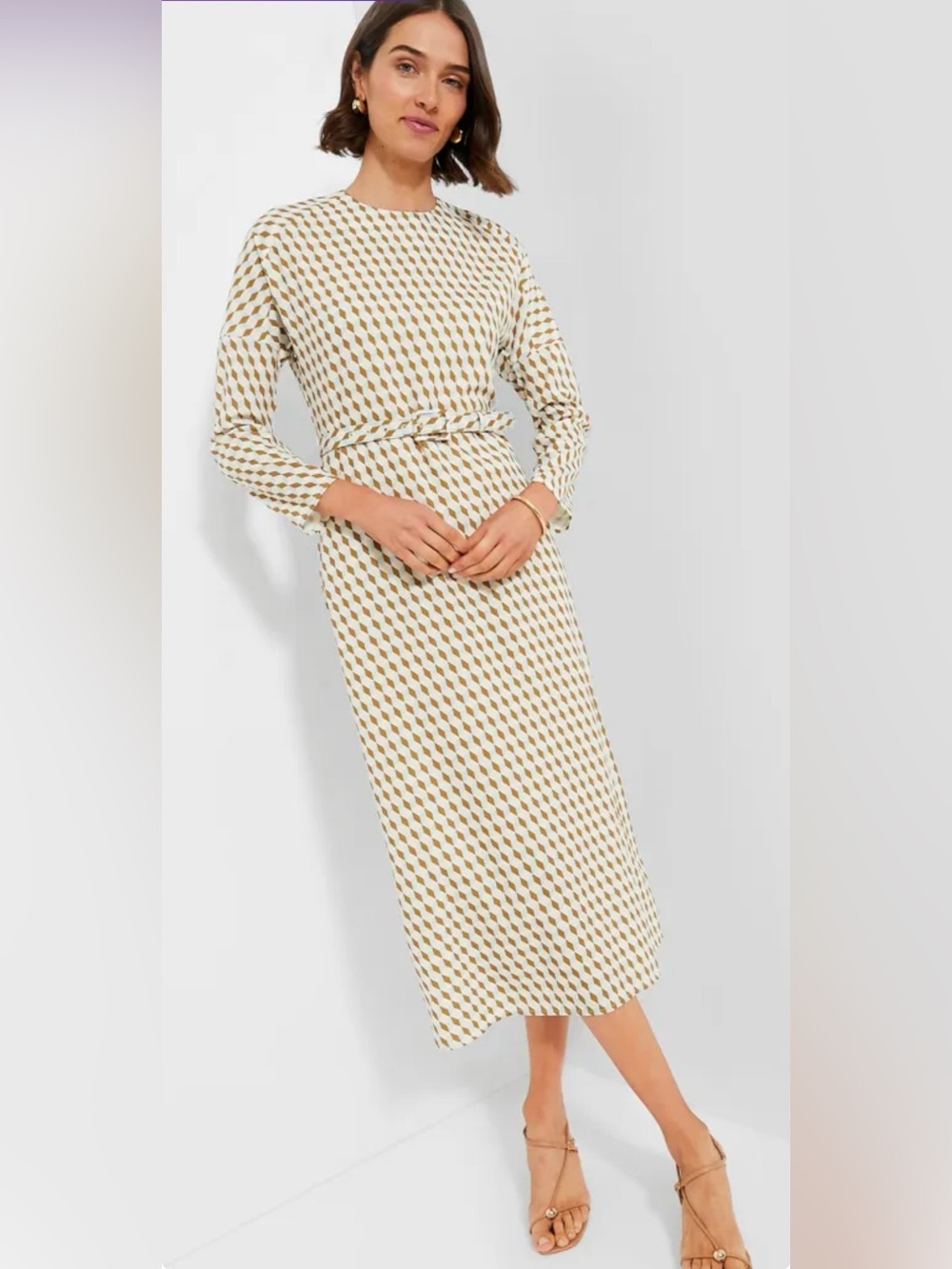 Tuckernuck Cream and Tan Printed Long-Sleeve Midi Dress